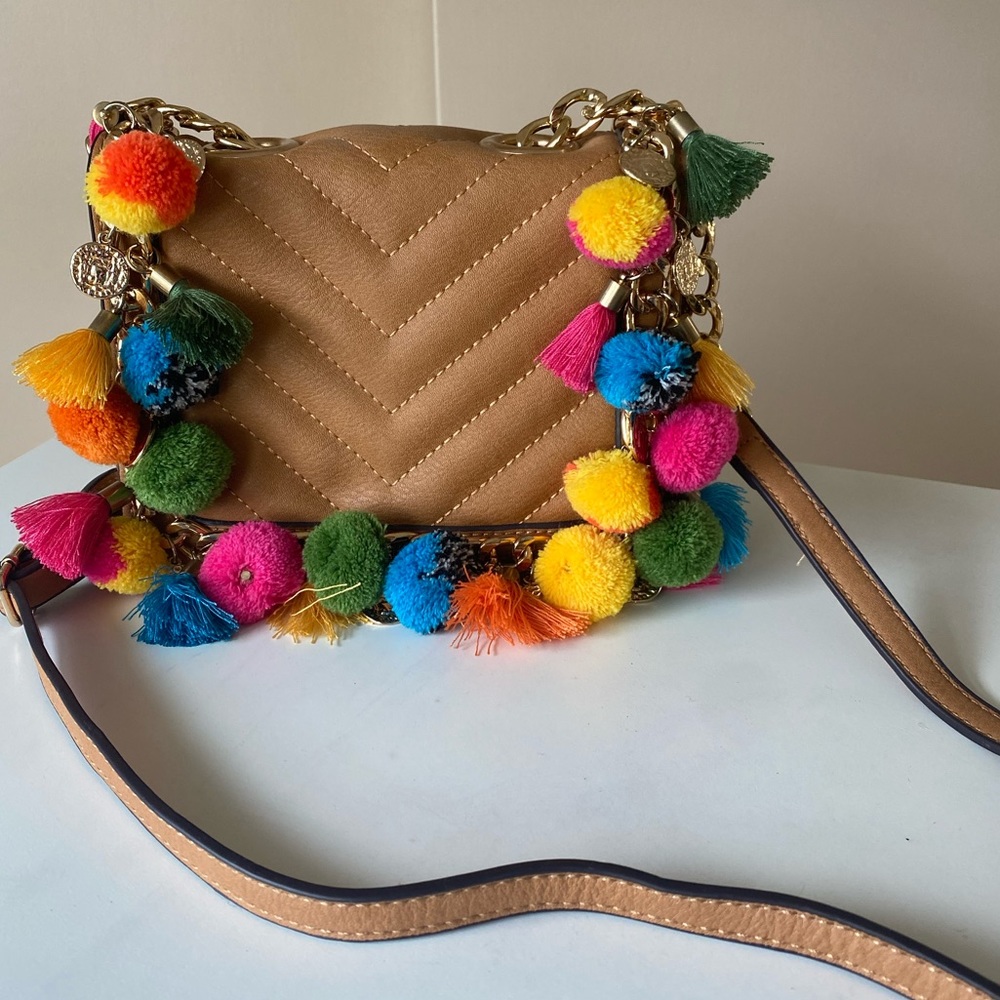 Aldo colorful Pom Pom cross body clutch